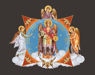 Fototapeta premium Archangel Gabriel. Illustration in Byzantine style with angels and seraphim