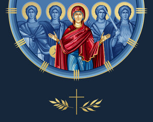 Fototapeta premium Assumption of Mary and four cardinal points (Archangel Gabriel, Uriel, Raphael and Michael). Illustration in Byzantine style isolated