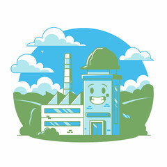 Naklejka premium A smiling factory building stands in a green landscape under a blue sky