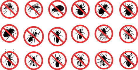 Prohibited insects icons vector set with mosquito fly ant beetle and pest warning symbols flat no bug signs collection © MdYeasin