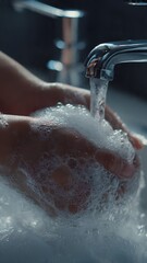 Fototapeta premium Realistic close‑up of hands thoroughly washed with soap under a chrome faucet in a clean, bright bathroom