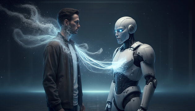 Metaforyczne połączenie ludzkiej natury z zaawansowaną technologią, ukazane poprzez świetlisty strumień energii łączący mężczyznę i humanoidalnego robota w atmosferycznej, futurystycznej scenerii.