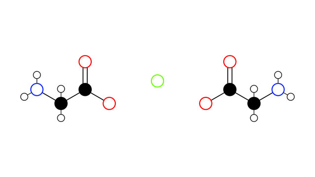 magnesium glycinate molecule, structural chemical formula, ball-and-stick model, isolated image dietary mineral supplement