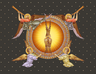 Fototapeta premium Seraphim. Decorative vintage illustration with angels in Byzantine style