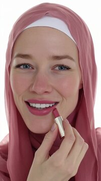Close Up Portrait Beautiful Woman Applying Lipstick Studio Lighting White Background 4K Detail