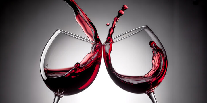 Two wine glasses clinking with red liquid pouring and splashing dramatically
