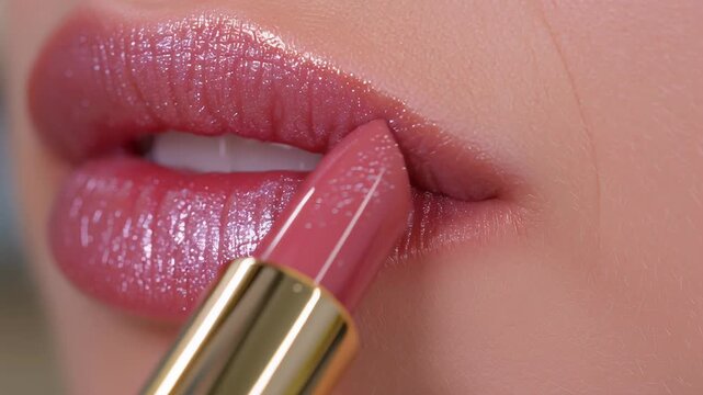 Sexy lips kissing in neon UV disco concept. Close up of glossy pink lipstick being applied on smooth lips with natural skin texture