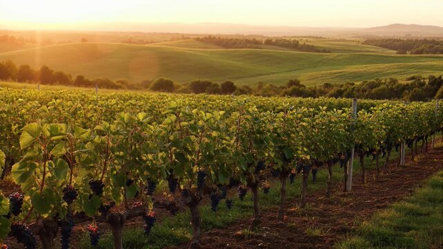 Sun-kissed vineyard rows bursting with ripe grapes under golden sunset light