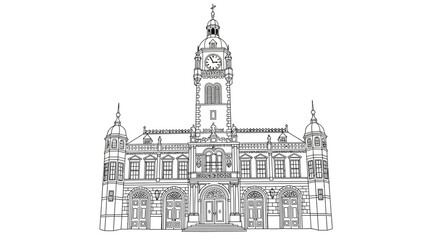 Fototapeta premium Line art drawing of a historical city hall with a clock tower
