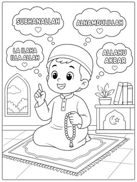 Muslim Child Learning Dhikr Words &ndash; Islamic Coloring Page for Kids