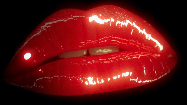 Sexy lips kissing in neon UV disco concept. Close up of glossy red lips with shiny lipstick on a black background beauty and makeup concept