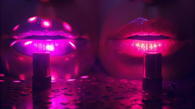 Sexy lips kissing in neon UV disco concept. Glamorous shiny lips with vibrant neon pink and purple lighting and lipstick tubes on reflective surface