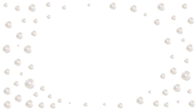 Assorted white pearl beads scattered across a clean white background, soft reflections, varying sizes, elegant decorative texture. Vector illustration