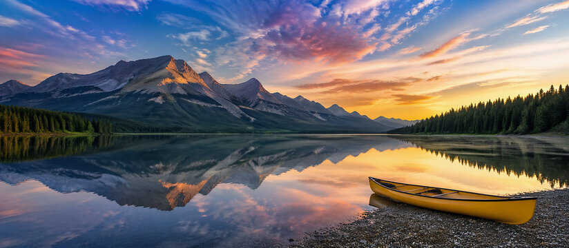 Stunning mountain lake sunset with yellow canoe on shore and symmetrical reflection in calm water.