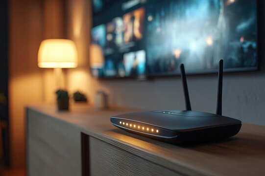 Modern wireless router on a wooden tabletop in a cozy living room with a wall-mounted TV and lamp