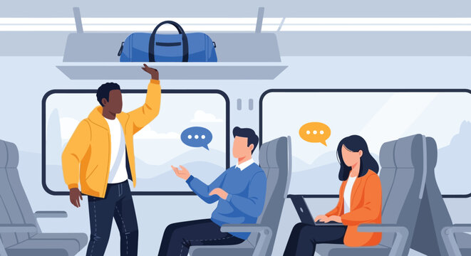 A colorful illustration depicts passengers on a train with one reaching for luggage overhead