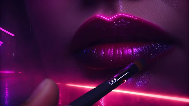 Close up of glossy lips with neon pink makeup application and futuristic lighting effects