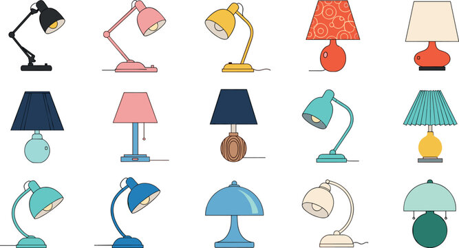 Modern table lamps and desk lighting vector set featuring colorful decorative lampshades and home interior illumination flat icons