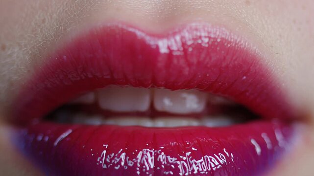Close up of shiny red lips with glossy lipstick showing teeth and natural skin texture