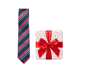 Fototapeta premium Striped necktie and gift box with red ribbon isolated on transparent background
