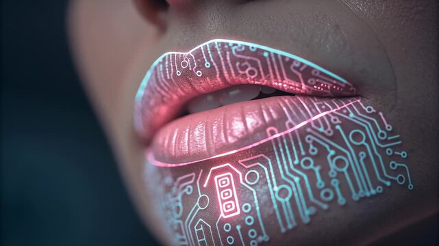 Close up of futuristic lips with glowing digital circuit patterns on skin technology concept
