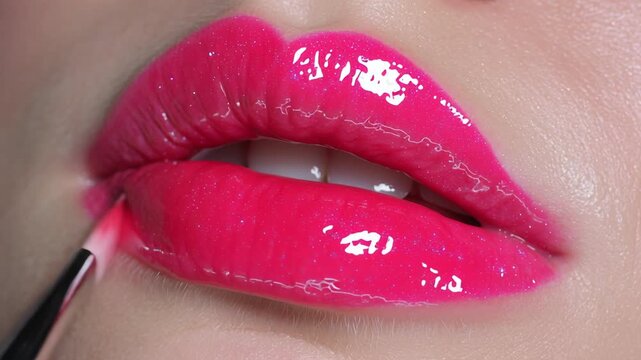 Close up of glossy bright pink lips with lip gloss applicator for makeup beauty and skincare