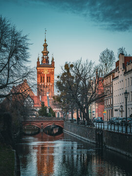 The view on Radunia Canal in Gdansk Poland captured in near dusk time, middle spring.