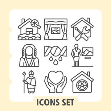 Set of nine clean line icons representing home, family and community concepts on white background. Ideal for web, digital projects and print media.