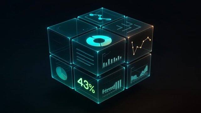 KPI dashboard glass cube hologram 3d animation data analyst financial metric futuristic floating structure technology