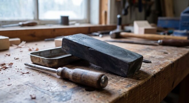Sharpening stone and hand tool on wooden workbench
