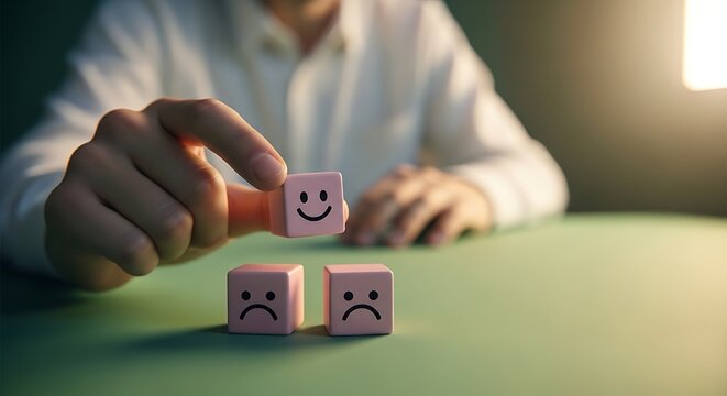 Businessman placing a happy face cube on a table with sad and neutral face cubes, representing decision making and emotional intelligence in a corporate setting.