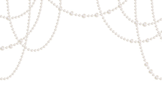 Pearl necklaces hang in multiple strands across the frame. Designed for postcards, booklets, and jewelry ads. Vector illustration