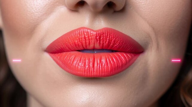 Sexy lips kissing in neon UV disco concept. Close up of red lipstick lips with glowing neon sound wave effects on cheeks beauty makeup