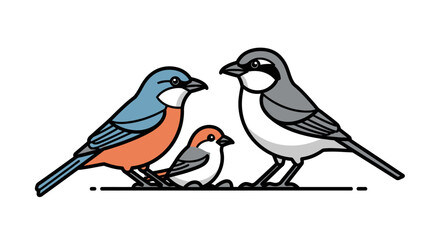 Obraz premium Three Colorful Birds Perched Together in a Simple Illustration.
