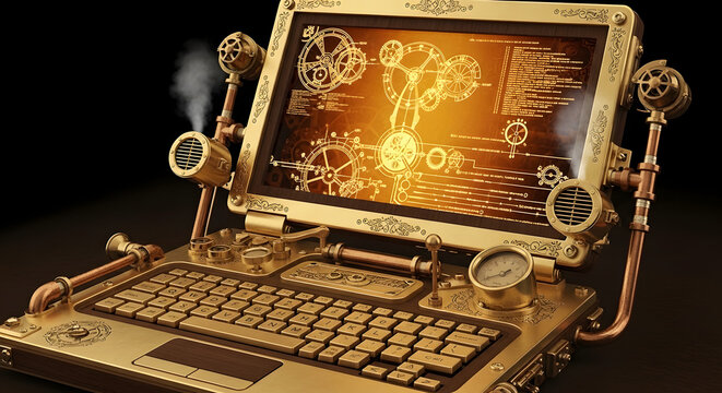 Ornate brass steampunk laptop featuring steam pipes and mechanical gauges