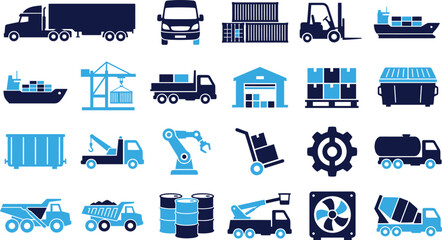 Industrial transport and logistics icons in blue and dark blue for cargo and delivery services. © Icon Set