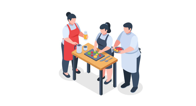 Three Chefs Preparing Food Together at a Wooden Table.