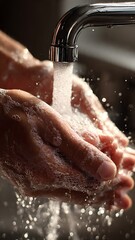 Fototapeta premium Ultra‑realistic close‑up of hands being washed with soap under a chrome faucet in a bright, clean bathroom