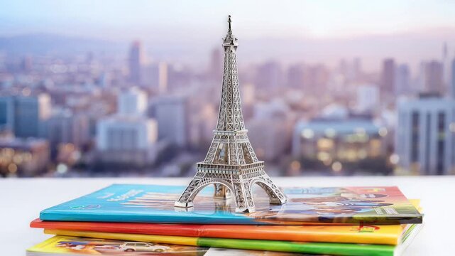 Miniature Eiffel Tower Replica Standing on Stacked Colorful Books with Blurred City Skyline Background