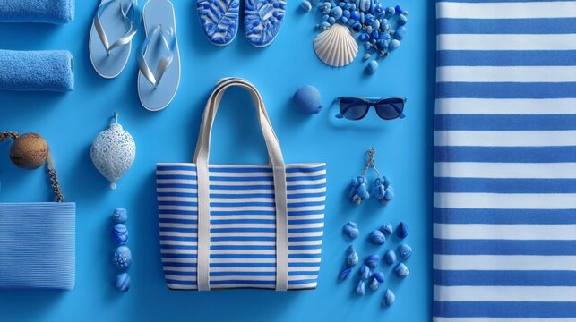 Conjunto de accesorios para las vacaciones de verano sobre fondo azul, top view