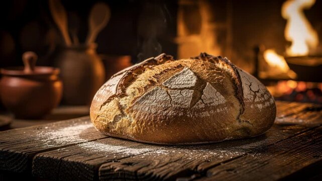 Rustic loaf of steaming bread cooling on wooden table with cozy fire flickering in warm kitchen
