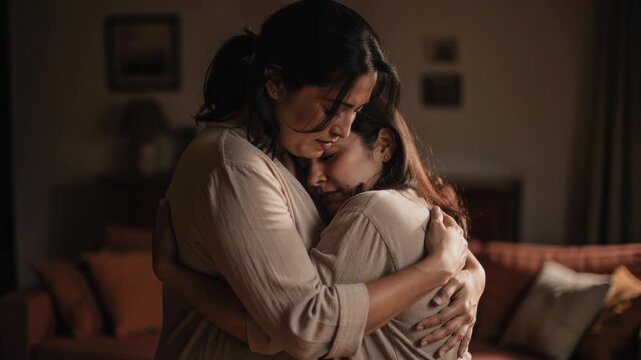 Tender moment between two women sharing a heartfelt embrace in a softly lit cozy setting