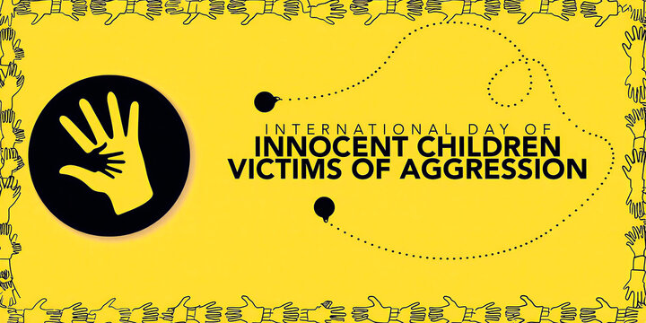 International day of innocent children victims of aggression awareness poster with handprints and flying birds design