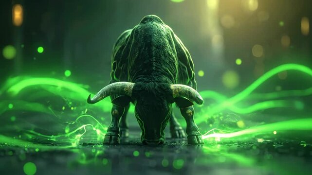 Dynamic illustration of a formidable, moss-covered bull with majestic horns, emanating vibrant emerald energy in an ethereal, dark forest, symbolizing raw primeval power and natural force