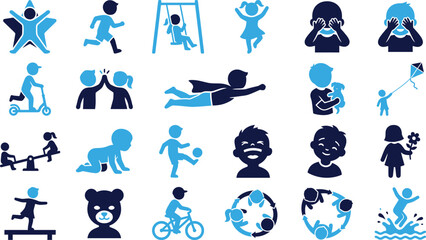 Fototapeta premium Collection of playful icons representing children activities sports and childhood fun.