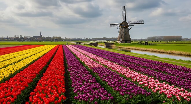 Colorful tulip fields and windmill in the Netherlands.