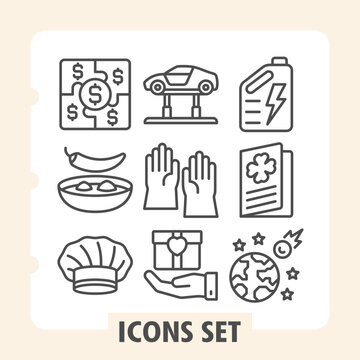 Set of nine line icons representing finance, transportation, energy, savings, cooking, travel and global connectivity concepts on white background. Ideal for web, digital projects and print media.