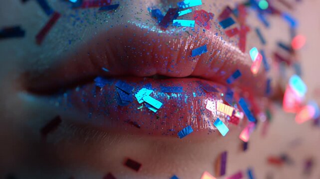 Close up of lips with colorful confetti and glitter makeup vibrant party celebration look
