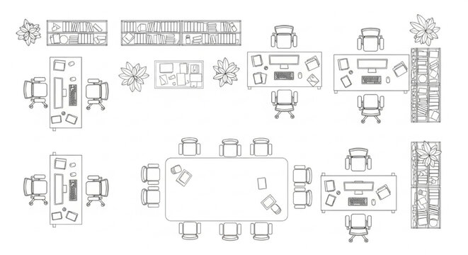 Top View Office Furniture Set CAD Draft, 2D Architectural Floor Plan Technical Line Drawing with Desks, Chairs, Meeting Tables, Computers and Shelving Units