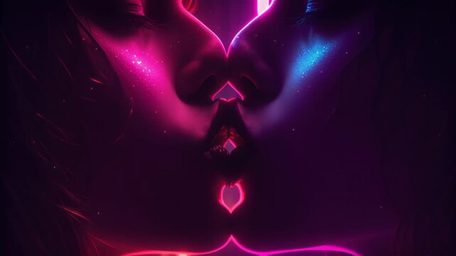 Close up of two people sharing a passionate neon lit kiss with vibrant pink and blue lighting